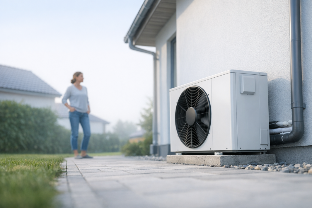 Jednostka zewnętrzna klimatyzacji lub pompy ciepła z dużym czarnym wentylatorem ustawiona na betonowej płycie przy jasnej elewacji domu z widocznymi rurami i rynną, na pierwszym planie chodnik z kostki i trawnik, a w tle nieostro stojąca osoba, krzewy i dachy sąsiednich domów.