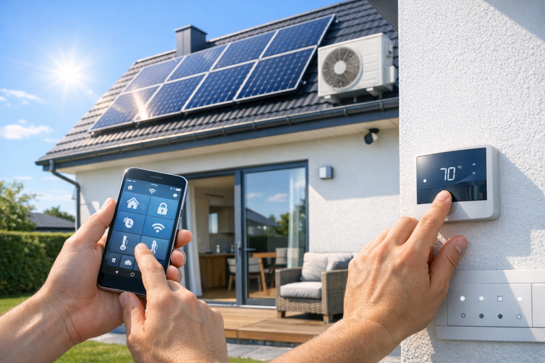 Dwie dłonie na zewnątrz domu — jedna trzyma smartfon z aplikacją do sterowania inteligentnym domem, druga reguluje cyfrowy termostat pokazujący 70°, w tle taras z meblami, przeszklone drzwi oraz dach z panelami słonecznymi i jednostką klimatyzacji przy słonecznym niebie.