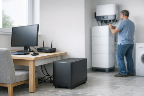 Pokój z biurkiem przy oknie po lewej: monitor komputerowy, klawiatura, mysz i router z antenami na blacie oraz krzesło; na podłodze obok biurka duża czarna prostokątna obudowa; po prawej w tle osoba w niebieskiej koszulce stoi tyłem i pracuje przy dużym białym urządzeniu elektrycznym zamontowanym na ścianie, obok częściowo widoczna pralka.