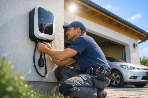 Mężczyzna w granatowej czapce i koszulce kuca przy ścianie domu i podłącza czarny kabel do ściennej stacji ładowania samochodu elektrycznego, z pasem narzędzi przy biodrze, częściowo widocznym srebrnym autem na podjeździe i słonecznym niebem w tle.