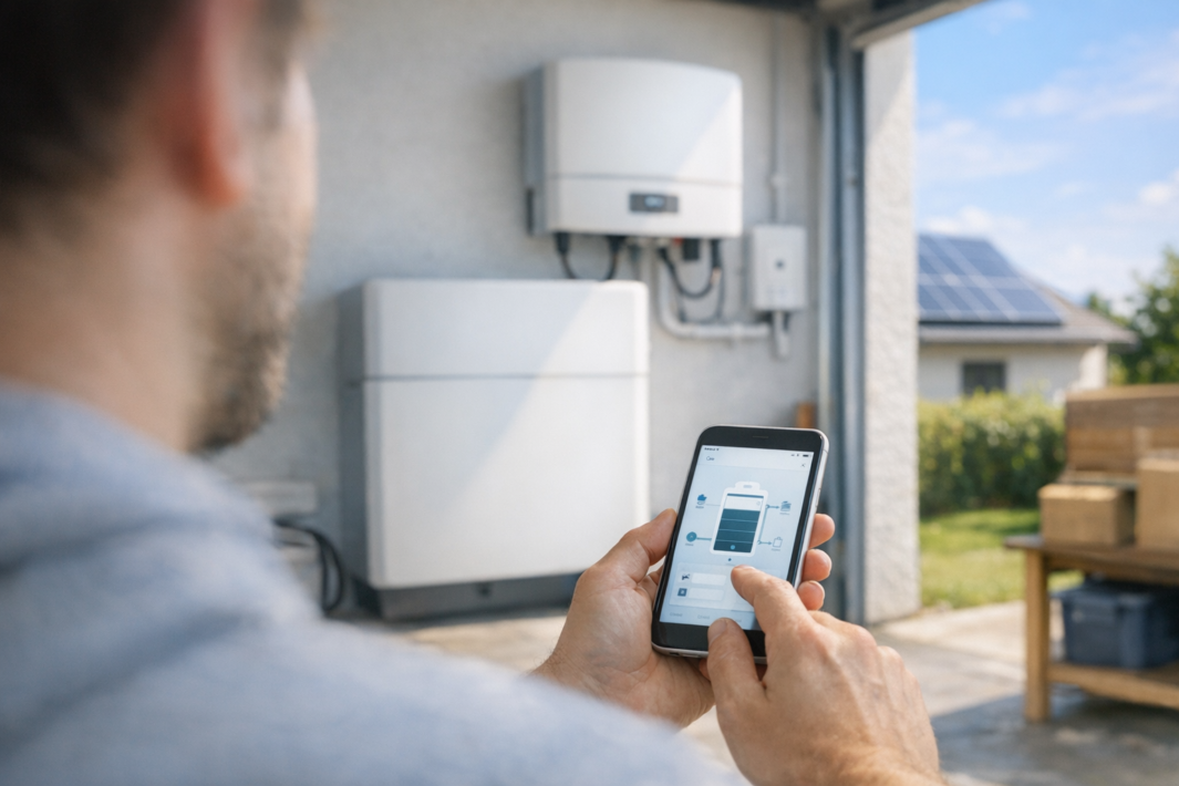 Widok zza pleców rozmytej osoby trzymającej smartfon z aplikacją pokazującą ikonę baterii; w garażu na ścianie widoczne białe urządzenia elektryczne z przewodami, a przez otwarte drzwi widać dom z panelami słonecznymi i stolik z pudełkami.